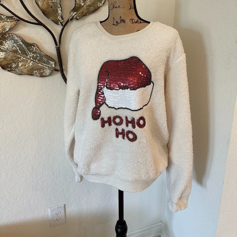 Weekending Sherpa Holiday Sweatshirt | HO HO HO Sequin Santa | NWT Size Large - Picture 2 of 5